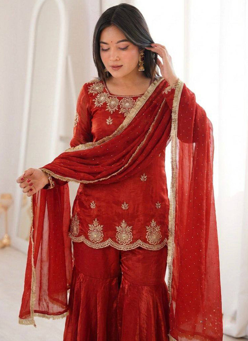 Maroon Fendy Silk Embroidery Work Occasional Wear Readymade Sharara Suit SW549842