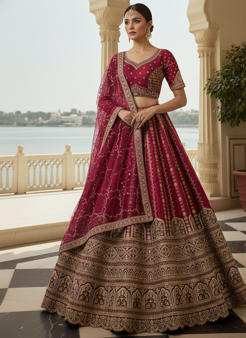 Gadhwal Silk Maroon Bridal Wear Heavy Work Lehenga Choli 387444