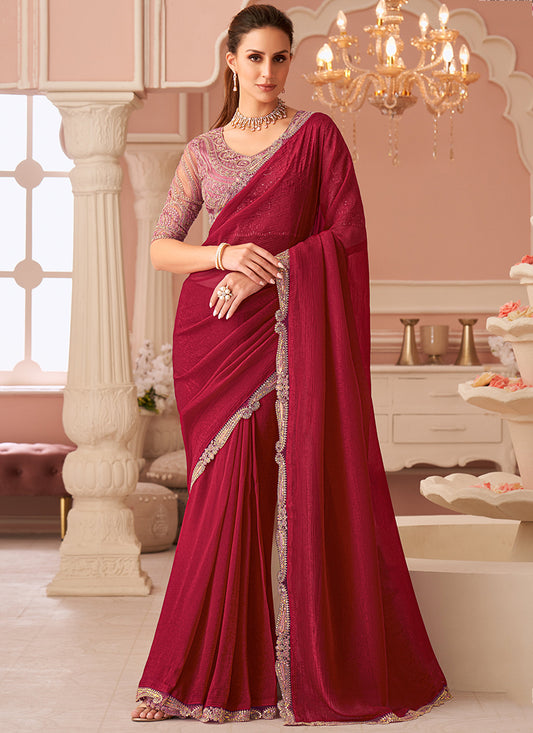 Georgette Maroon Designer Saree with Zari Embroidery Work 383841