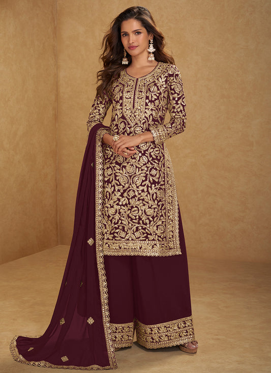 Maroon Georgette Embroidery Work Festival Wear Readymade Plazzo Suit SW955139