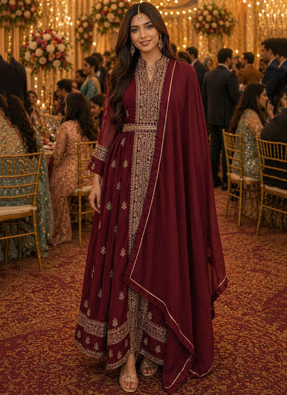 Maroon Georgette Embroidery Work Occasional Wear Readymade Ethnic Wear SW599630