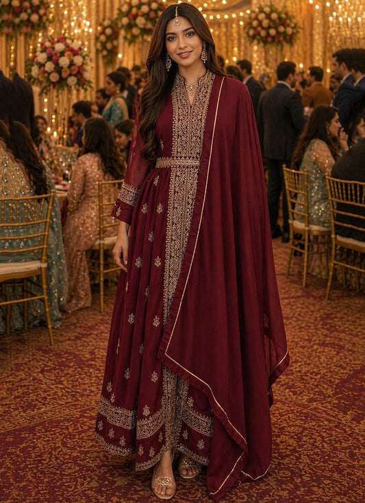 Maroon Georgette Embroidery Work Occasional Wear Readymade Ethnic Wear SW599630