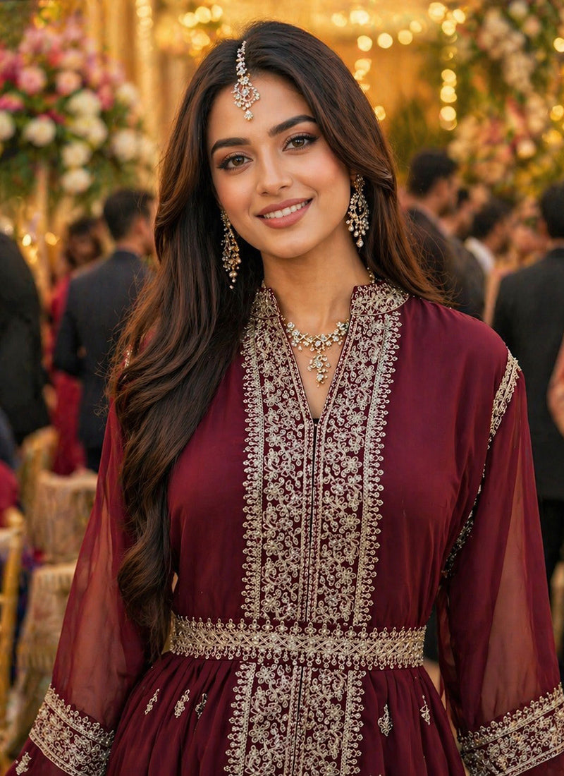Maroon Georgette Embroidery Work Occasional Wear Readymade Ethnic Wear SW599630