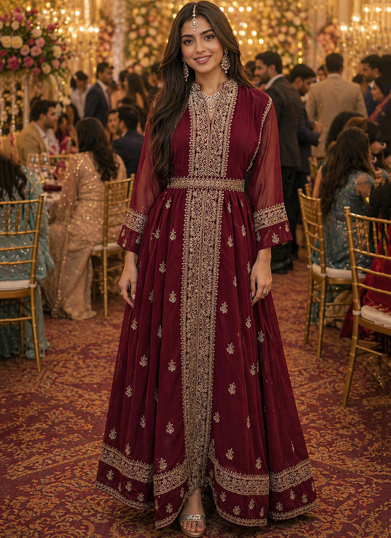Maroon Georgette Embroidery Work Occasional Wear Readymade Ethnic Wear SW599630