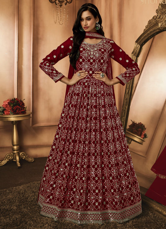 Maroon Georgette Embroidery Work Party Wear Readymade Anarkali Suit SW409315