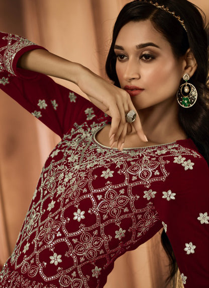 Maroon Georgette Embroidery Work Party Wear Readymade Anarkali Suit SW409315