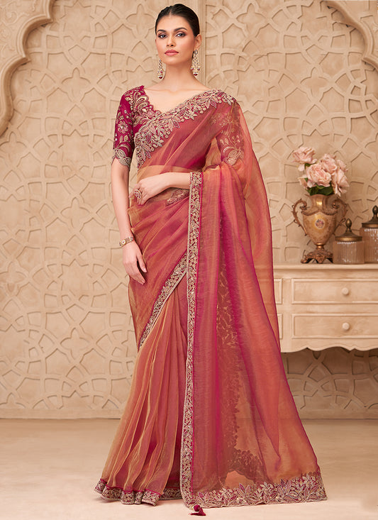 Georgette Maroon Party Wear Embroidery Work Saree 385725