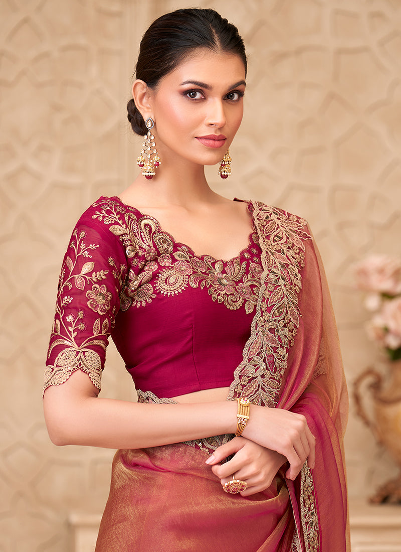 Georgette Maroon Party Wear Embroidery Work Saree 385725