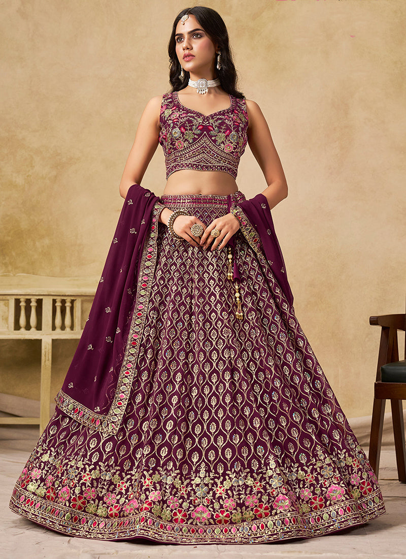 Georgette Maroon Wedding Wear Thread Embroidery Work Lehenga Choli 387518