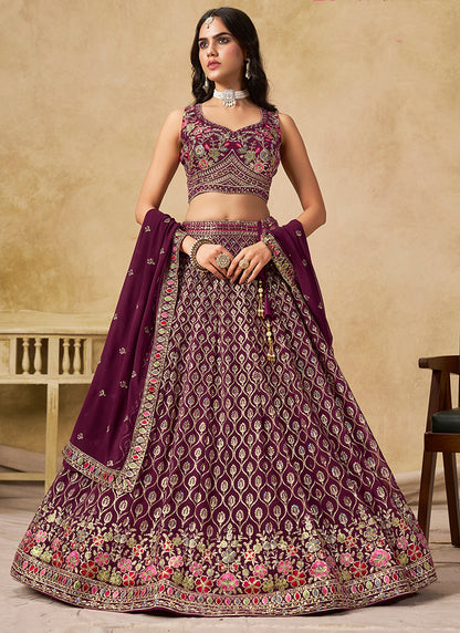 Georgette Maroon Wedding Wear Thread Embroidery Work Lehenga Choli 387518