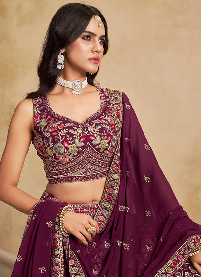 Georgette Maroon Wedding Wear Thread Embroidery Work Lehenga Choli 387518