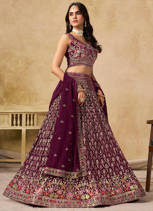 Georgette Maroon Wedding Wear Thread Embroidery Work Lehenga Choli 387518