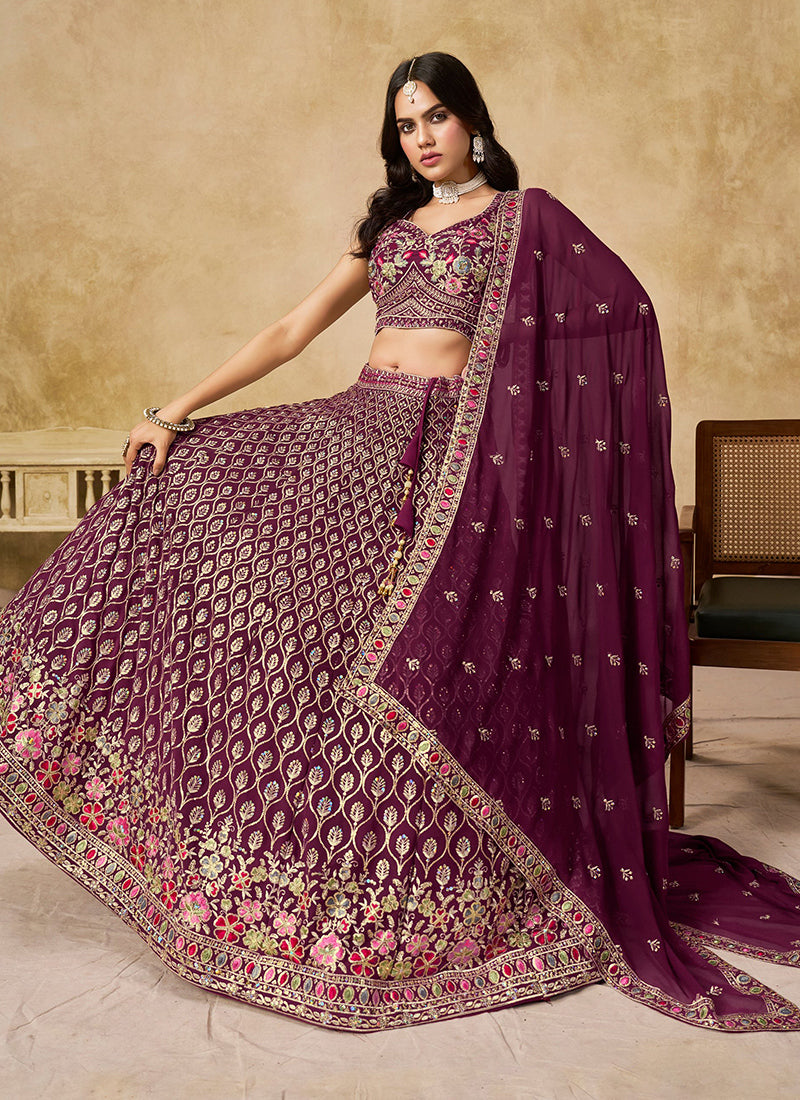 Georgette Maroon Wedding Wear Thread Embroidery Work Lehenga Choli 387518