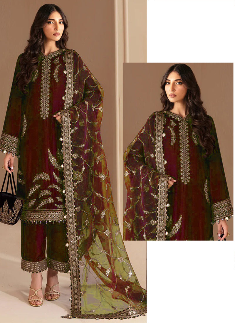 Heavy Chinon Maroon Eid Wear Zari Work Readymade Pakistani Suit 388184