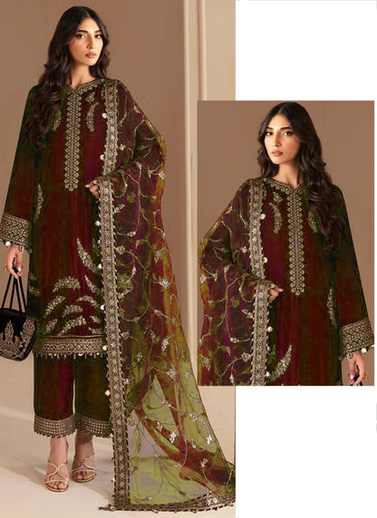 Heavy Chinon Maroon Eid Wear Zari Work Readymade Pakistani Suit 388184