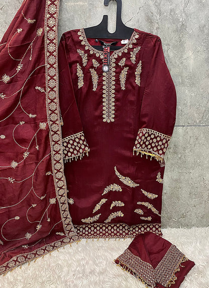 Heavy Chinon Maroon Eid Wear Zari Work Readymade Pakistani Suit 388184