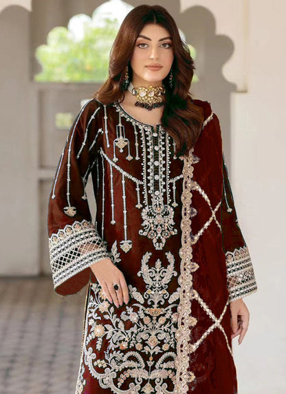 Heavy Velvet Maroon Eid Wear Heavy Work Pakistani Suit 387295
