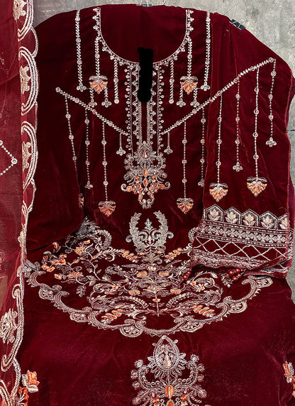 Heavy Velvet Maroon Eid Wear Heavy Work Pakistani Suit 387295