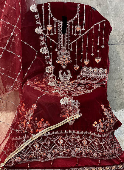 Heavy Velvet Maroon Eid Wear Heavy Work Pakistani Suit 387295