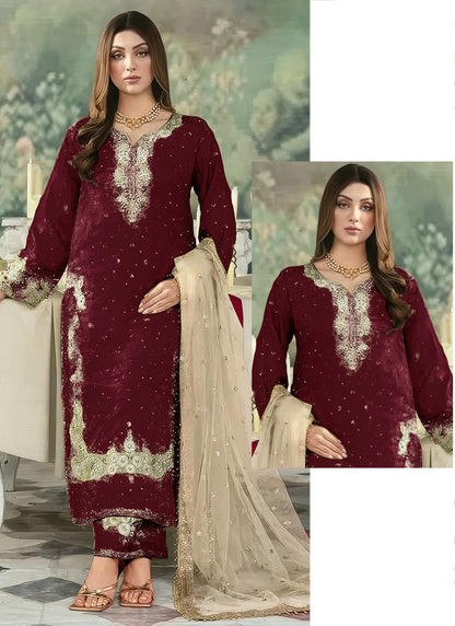Maroon Jimmy Choo Embroidery Work Eid Wear Pakistani Suit-SW836854