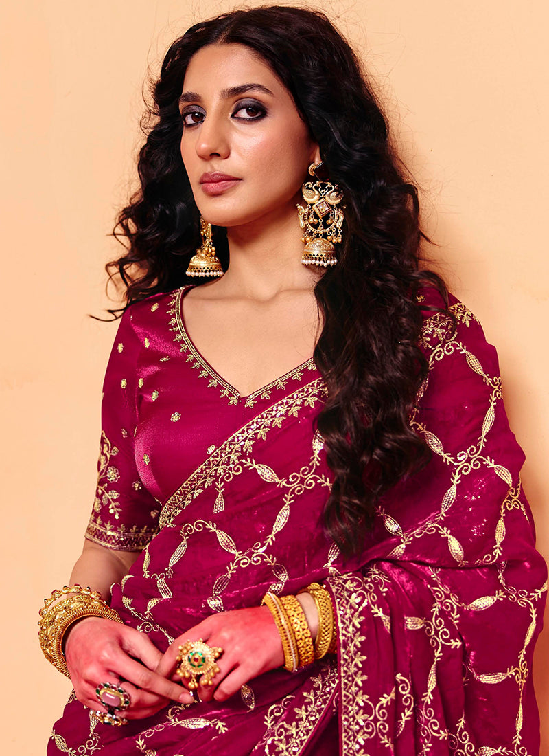 Maroon Organza Sequins Work  Party Wear Saree SW794647
