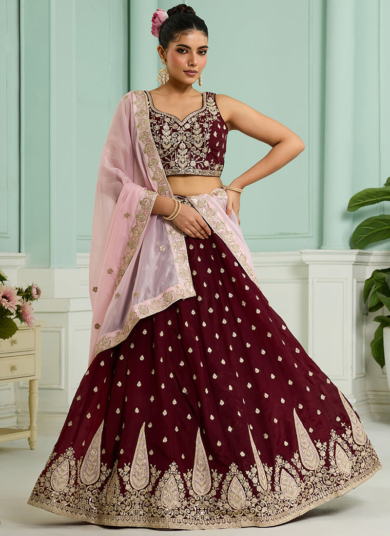 Organza Maroon Designer Wear Embroidery Work Lehenga Choli 385386
