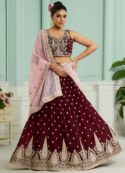 Organza Maroon Designer Wear Embroidery Work Lehenga Choli 385386