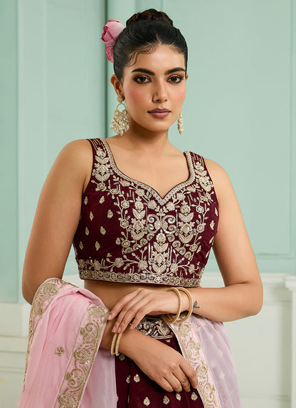 Organza Maroon Designer Wear Embroidery Work Lehenga Choli 385386