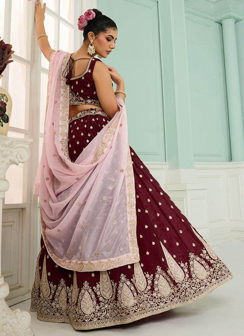 Organza Maroon Designer Wear Embroidery Work Lehenga Choli 385386