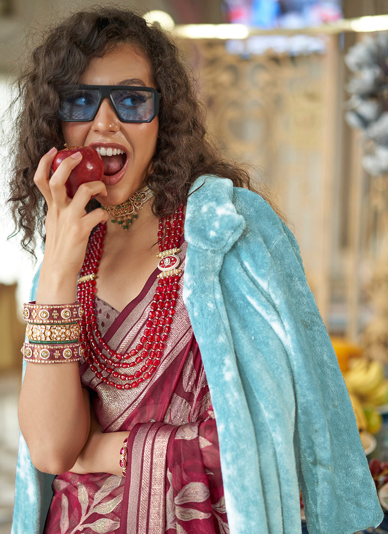 Pv Georgette Maroon Festival Wear Weaving Work Saree 385836