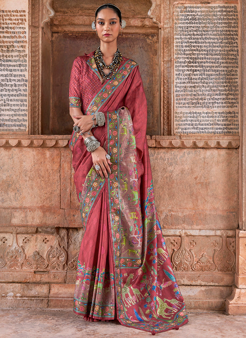 Pv Silk Maroon Saree with Printed Work for Designer Wear 385131