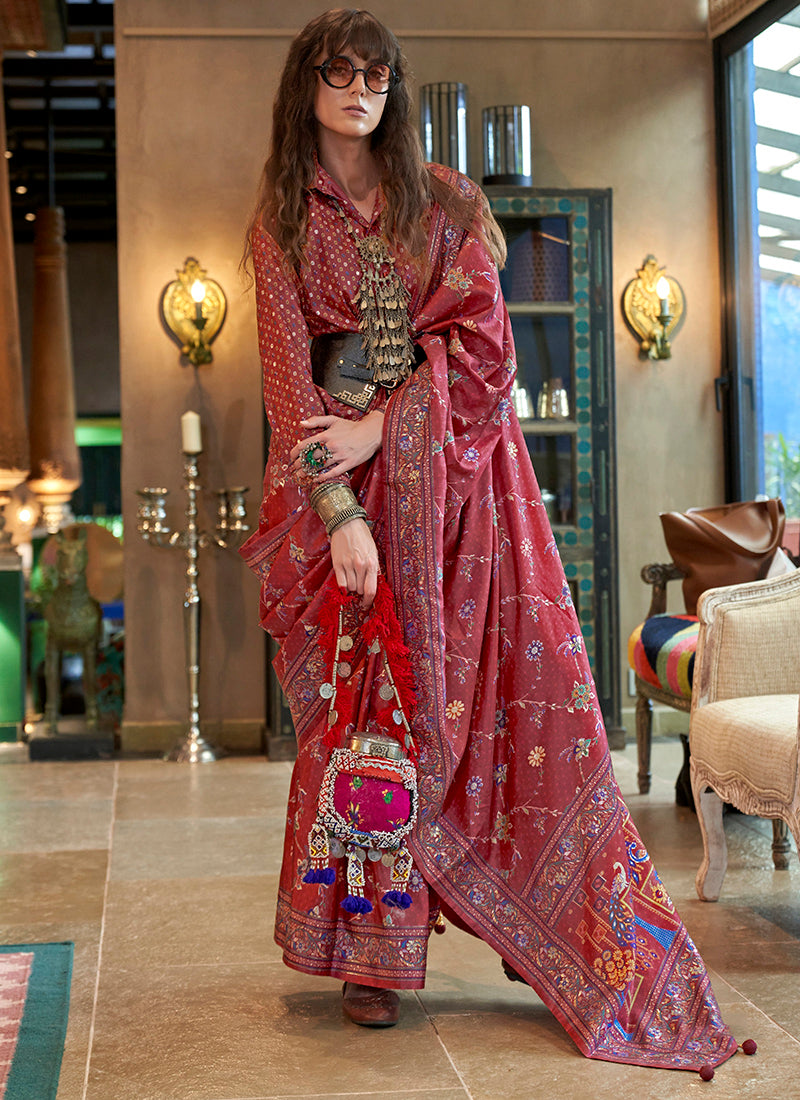 Pv Silk Maroon Party Wear Printed Work Saree 385829