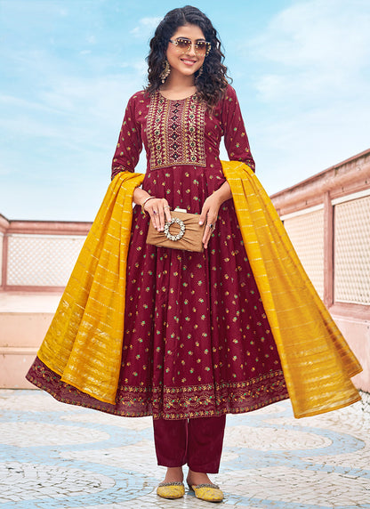 Rayon Maroon Casual Wear Sequin Work Readymade Anarkali Suit 382163