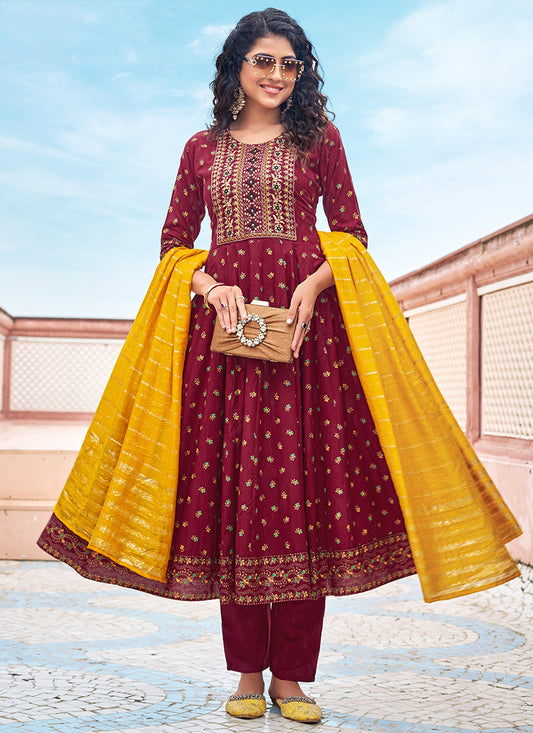 Rayon Maroon Casual Wear Sequin Work Readymade Anarkali Suit 382163