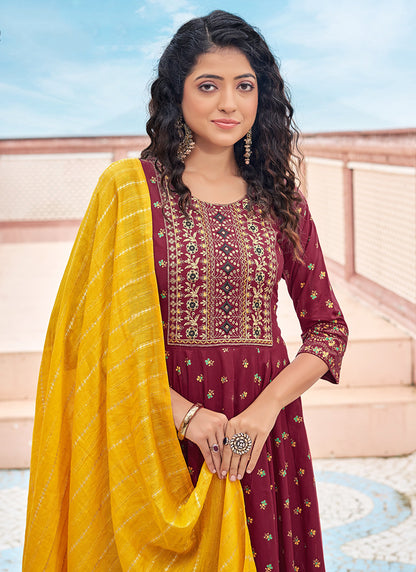 Rayon Maroon Casual Wear Sequin Work Readymade Anarkali Suit 382163