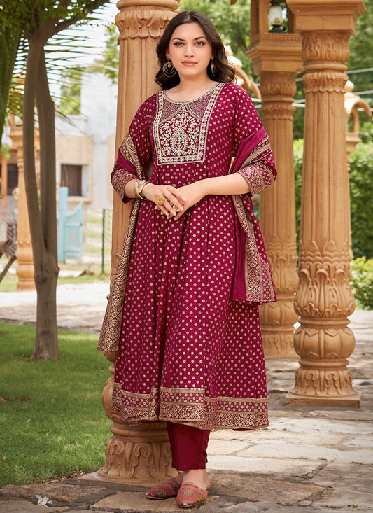 Rayon Maroon Casual Wear Sequin Work Readymade Anarkali Suit 380556