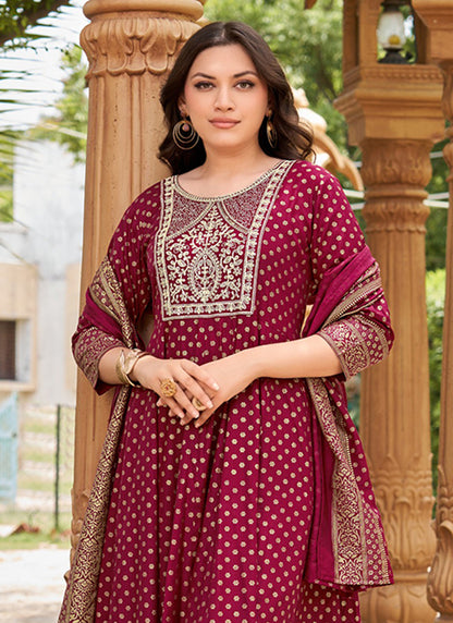 Rayon Maroon Casual Wear Sequin Work Readymade Anarkali Suit 380556