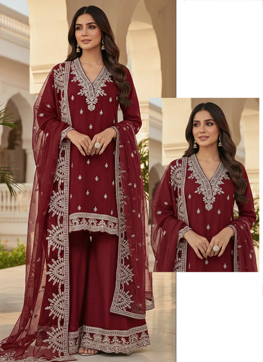 Real Chinon Maroon Eid Wear Zari Work Readymade Pakistani Suit 388108