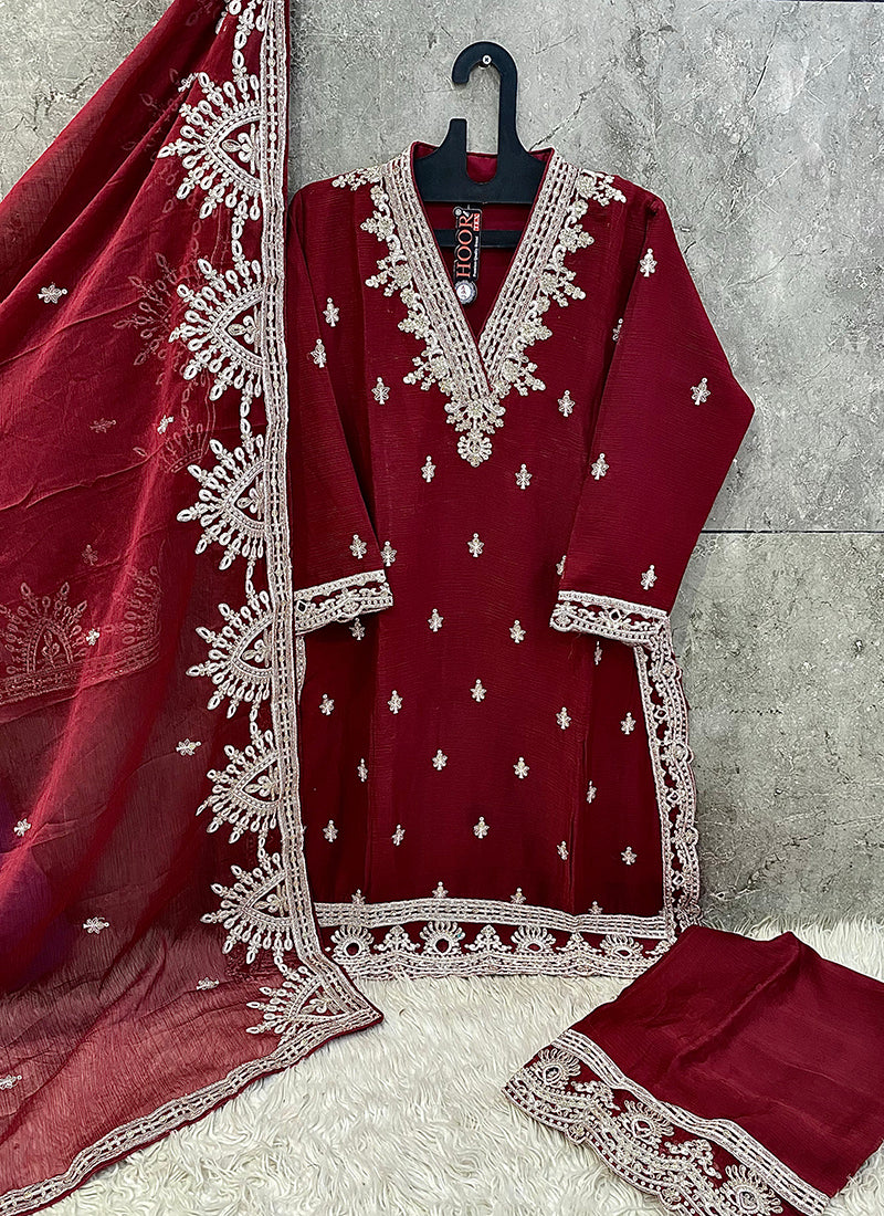 Real Chinon Maroon Eid Wear Zari Work Readymade Pakistani Suit 388108