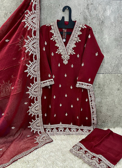 Real Chinon Maroon Eid Wear Zari Work Readymade Pakistani Suit 388108
