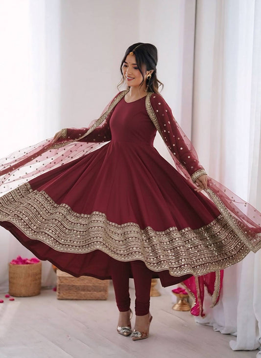 Roman Silk Maroon Occasional Wear Zari Work Readymade Anarkali Suit 388595