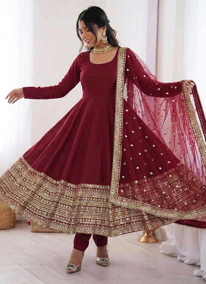 Roman Silk Maroon Occasional Wear Zari Work Readymade Anarkali Suit 388595