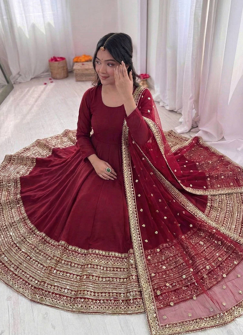 Roman Silk Maroon Occasional Wear Zari Work Readymade Anarkali Suit 388595