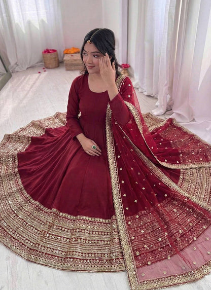 Roman Silk Maroon Occasional Wear Zari Work Readymade Anarkali Suit 388595