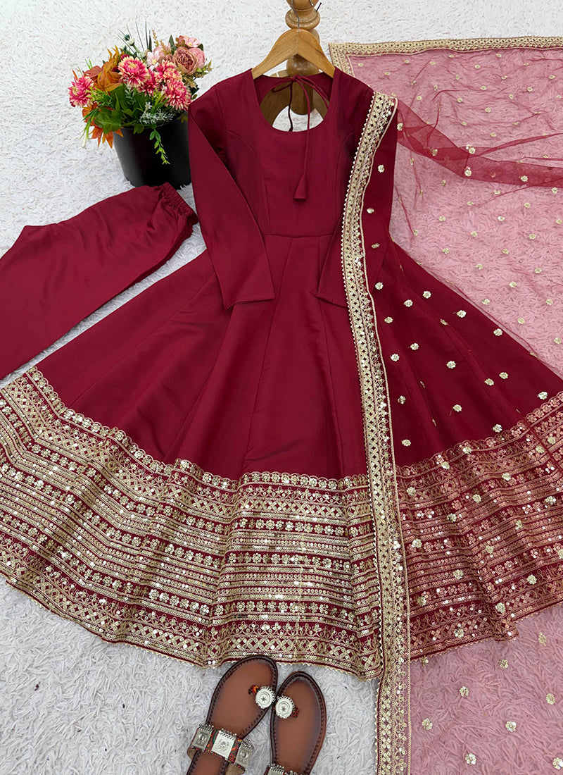 Roman Silk Maroon Occasional Wear Zari Work Readymade Anarkali Suit 388595