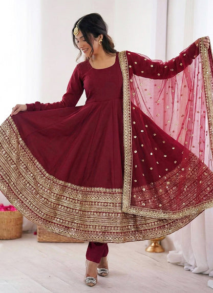 Roman Silk Maroon Occasional Wear Zari Work Readymade Anarkali Suit 388595