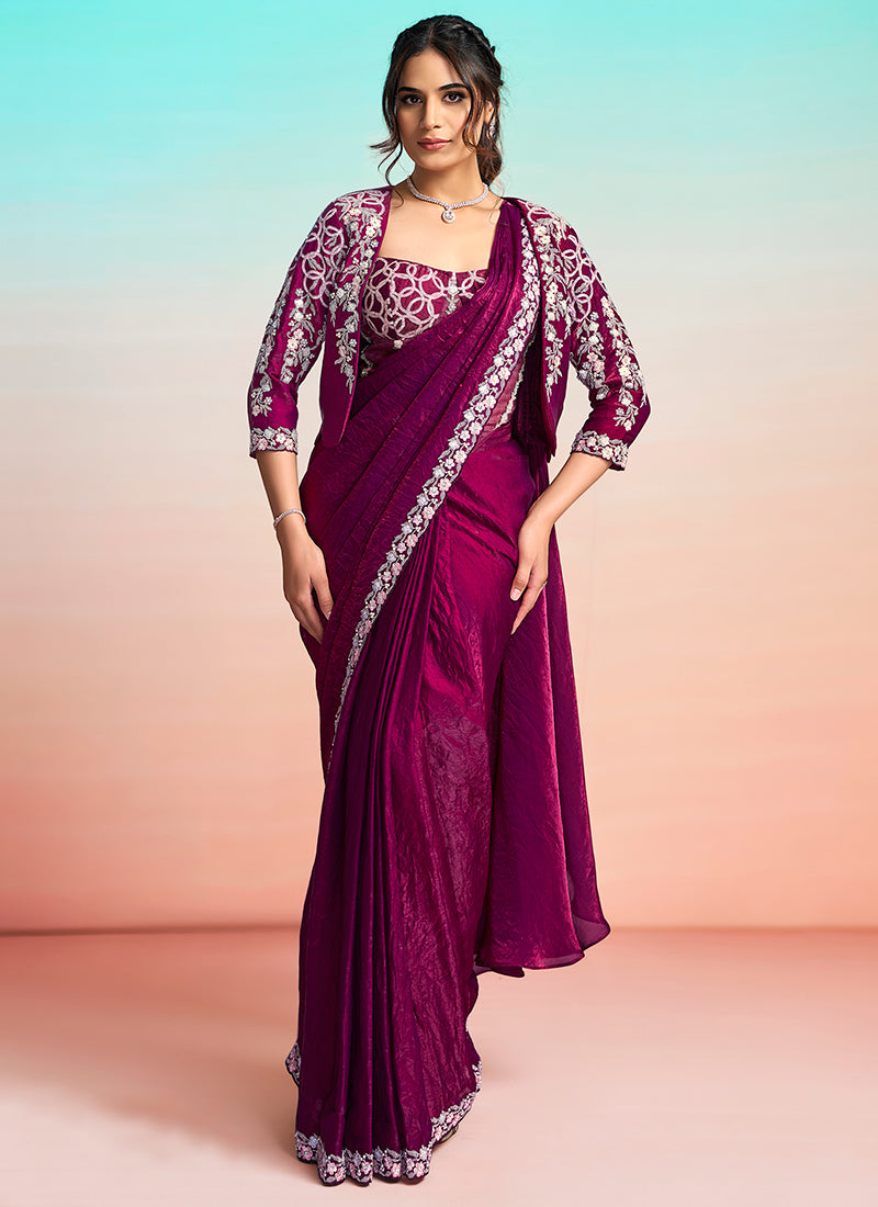 Maroon Satin Silk Embroidery Work Festival Wear Readymade Saree SW803651
