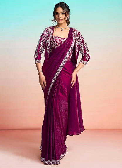 Maroon Satin Silk Embroidery Work Festival Wear Readymade Saree SW803651