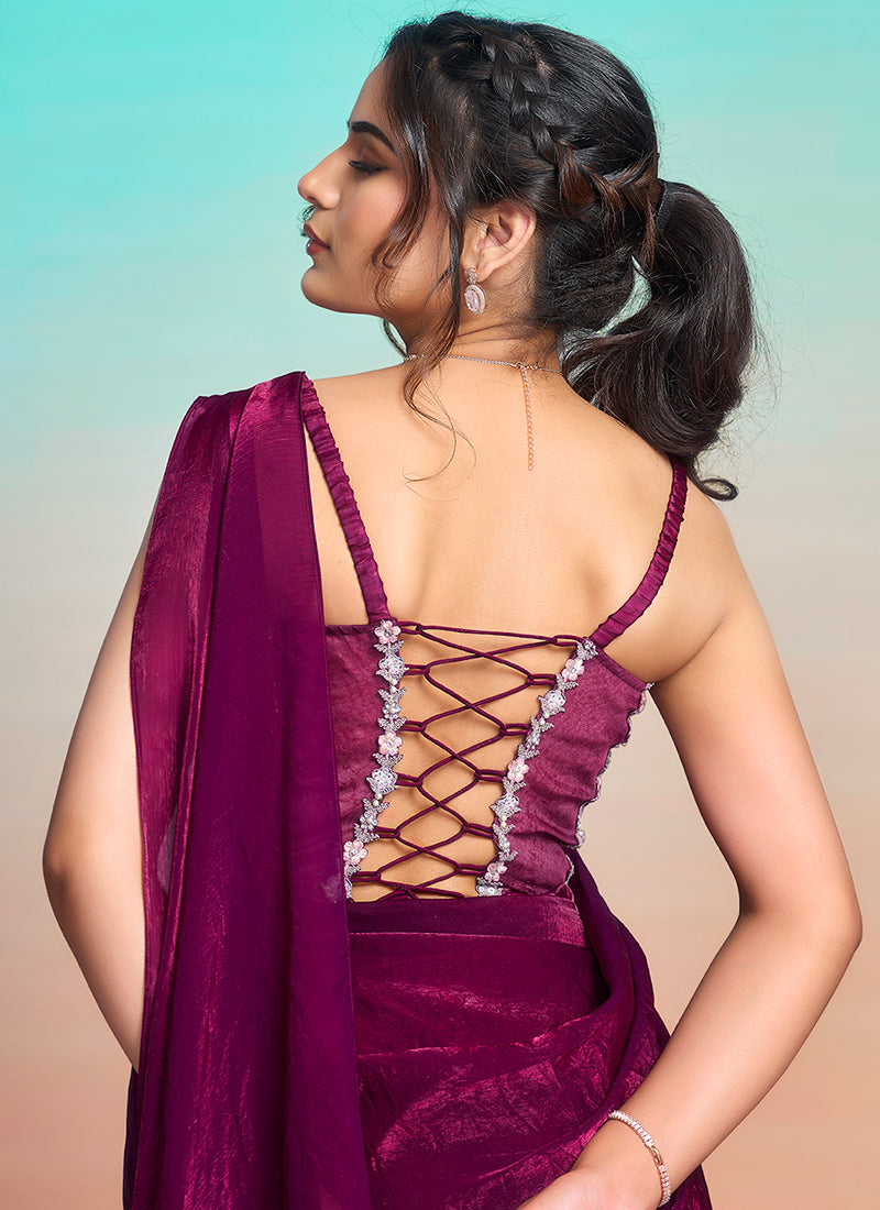 Maroon Satin Silk Embroidery Work Festival Wear Readymade Saree SW803651