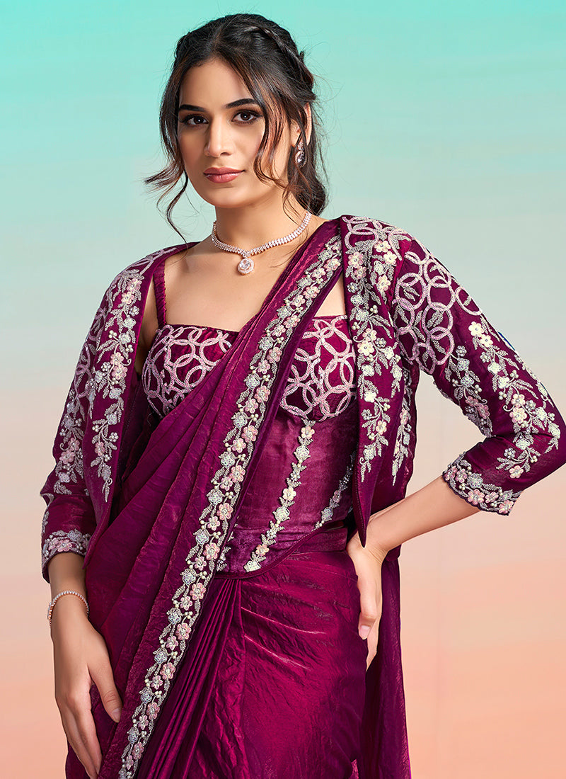 Maroon Satin Silk Embroidery Work Festival Wear Readymade Saree SW803651